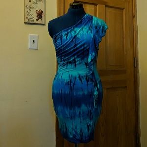 Arden B Blue Tie-Dye One Shoulder Dress w/Ruffle